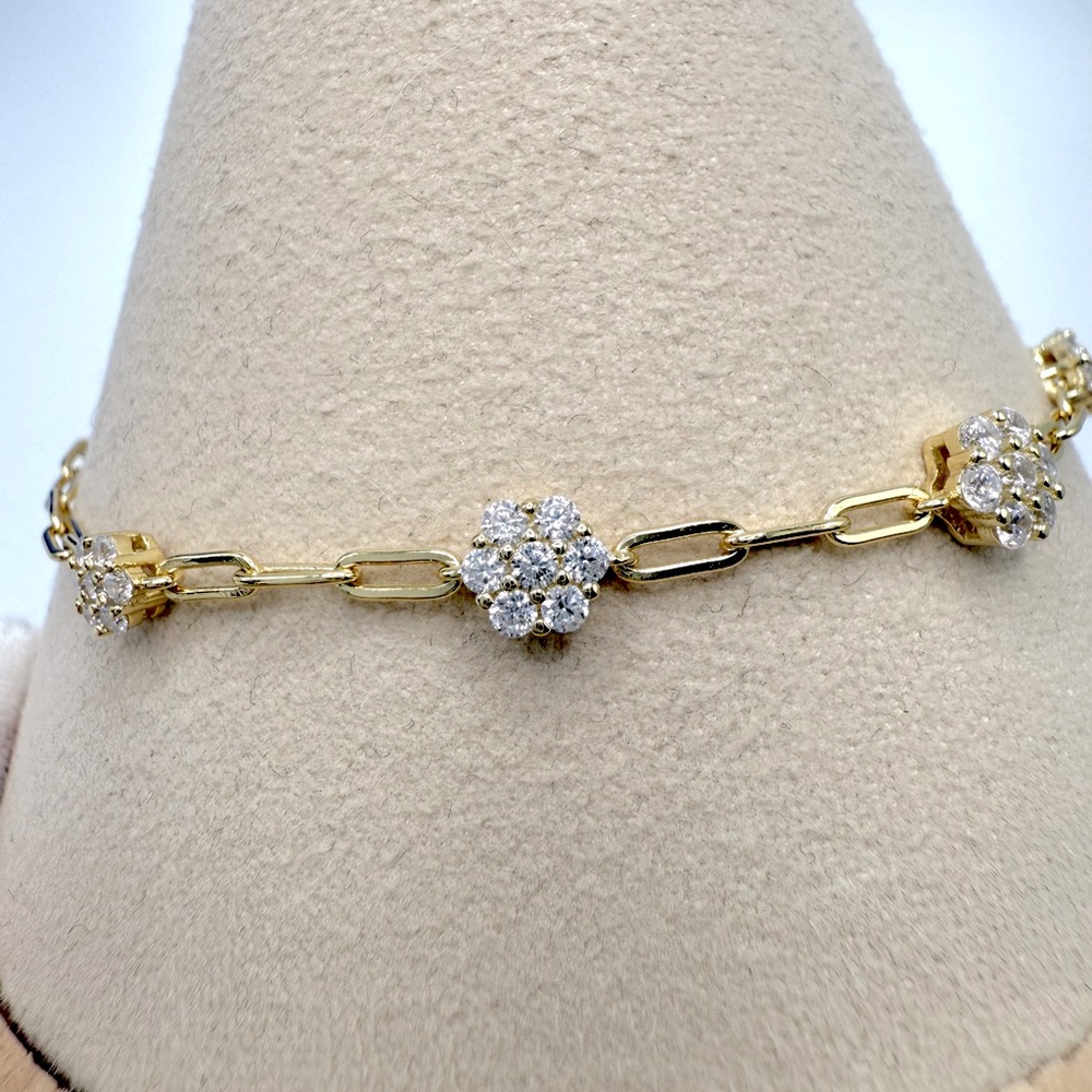 7” Gold Plated over .925 Sterling Silver Cz Flower Bracelet - Picture 6 of 16